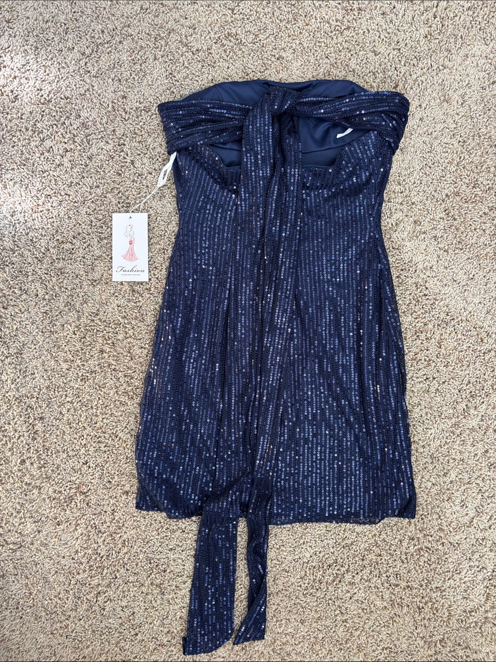 Navy Blue Sequin Strapless Mini Dress with Back Sash Tie - Picture 4 of 7